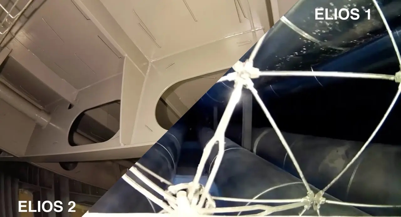 Dron enjaulado Elios en inspección de interior