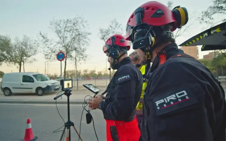 Equipo de Pirodrone inspeccionando un colector de alcantarillado con dron